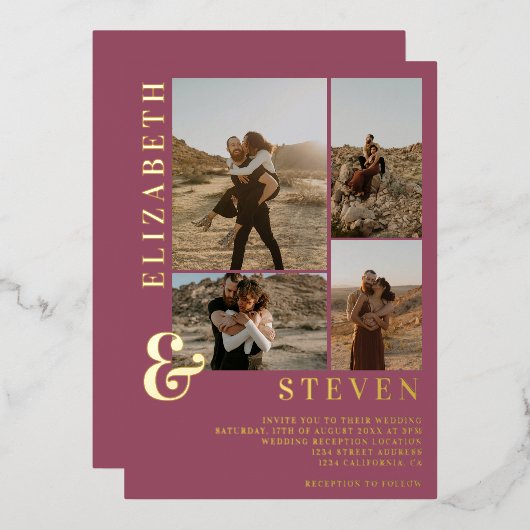 Donkerroze ampersand 4 foto grid bruiloft folie uitnodiging (Voorkant / Achterkant)