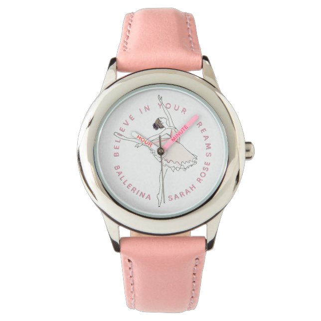 Donkerroze Ballerina Meisje Gepersonaliseerde Naam Horloge (Voorkant)