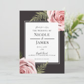 Donkerroze Bloemen Rozen Rustiek Shabby Chic Huwel Kaart (Staand voorkant)