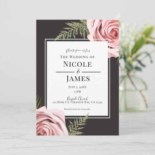 Donkerroze Bloemen Rozen Rustiek Shabby Chic Huwel Kaart (Staand voorkant)