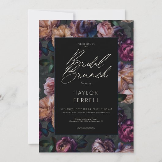 Donkerroze Bourgondië & Goud Bloemen Bruidsbrunch Kaart (Voorkant)