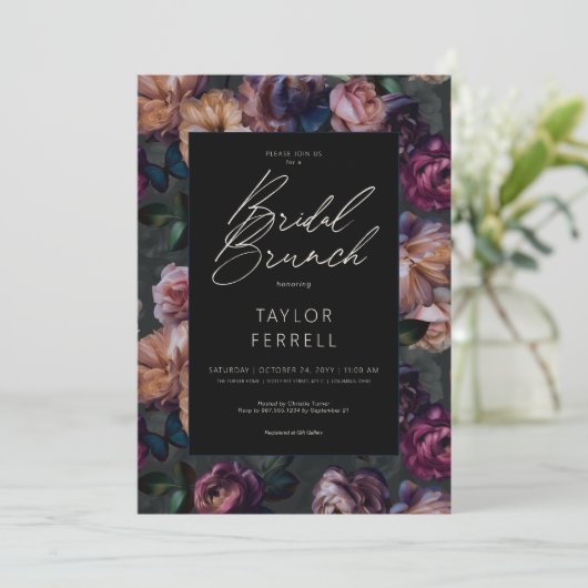 Donkerroze Bourgondië & Goud Bloemen Bruidsbrunch Kaart (Staand voorkant)