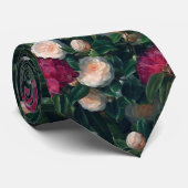 Donkerroze camelia's en witte rododendrons stropdas (Opgerold)
