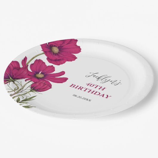 Donkerroze Cosmos Bloemengroen Verjaardag Papieren Bordje (Gekanteld)