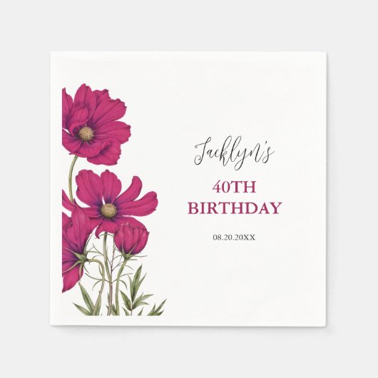 Donkerroze Cosmos Bloemengroen Verjaardag Servet (Voorkant)