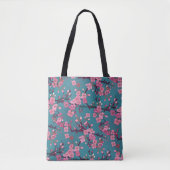 Donkerroze en Blauwgroen bloesempatroon Tote Bag (Voorkant)