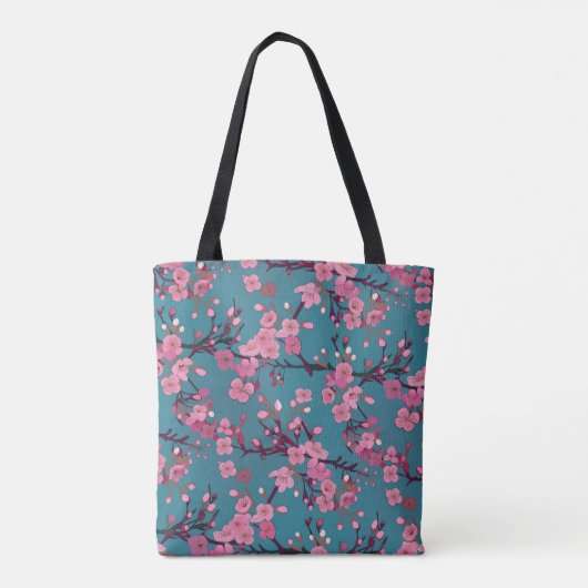 Donkerroze en Blauwgroen bloesempatroon Tote Bag (Achterkant)