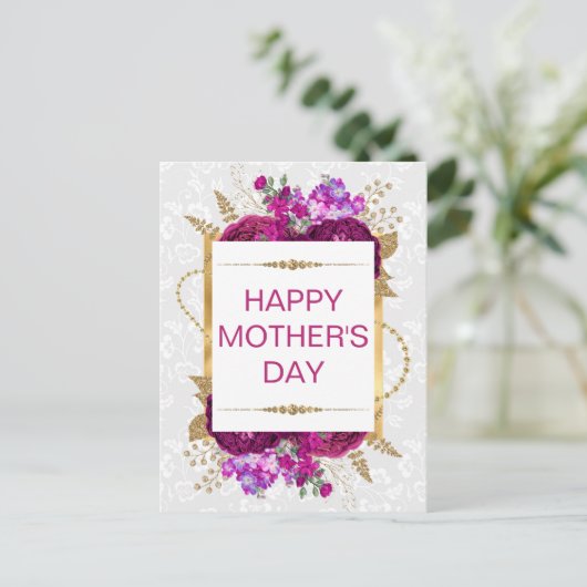 Donkerroze en paarse bloemen Moederdag Briefkaart (Staand voorkant)