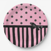 Donkerroze en zwart Polka Dot Gestreept Papier Bor Papieren Bordje (Voorkant)