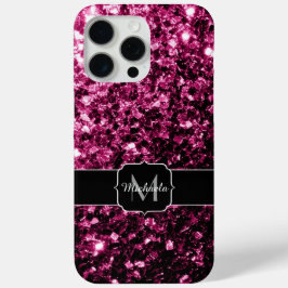 Donkerroze faux glitter fonkelt Monogram iPhone 15 Pro Max Hoesje