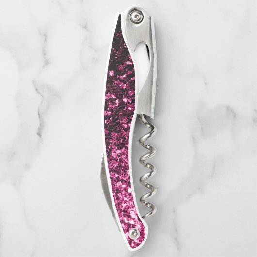 Donkerroze faux glitter fonkelt Monogram Kurkentrekker (Achterkant)