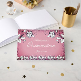 Donkerroze Faux Glitter White Rose Quinceanera Gastenboek
