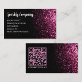 Donkerroze faux sparkle zwart elegante QR-code Visitekaartje (Voorkant / Achterkant)