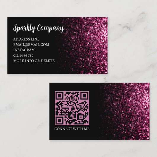 Donkerroze faux sparkle zwart elegante QR-code Visitekaartje (Voorkant / Achterkant)