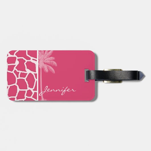 Donkerroze Giraffe Print; Zomerpalm Bagagelabel (Achterkant horizontaal)