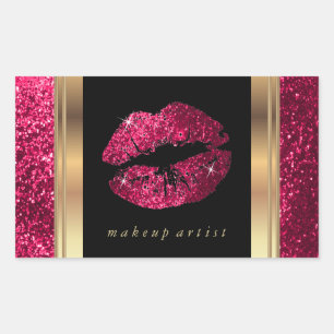 Donkerroze Glitter Lippen en Elegant Goud Letterty Rechthoekige Sticker