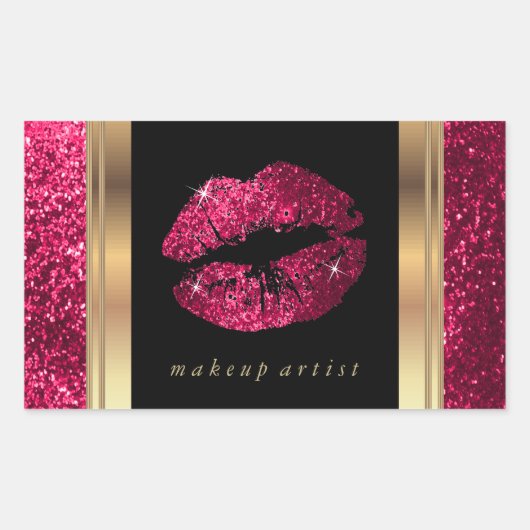 Donkerroze Glitter Lippen en Elegant Goud Letterty Rechthoekige Sticker (Voorkant)