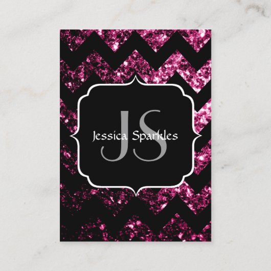 Donkerroze glitter sparkles zwarte Chevron Monogra Visitekaartje (Achterkant)