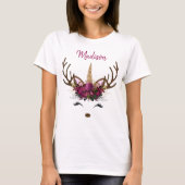 Donkerroze goudmonogram kerstavond unicorn rendier t-shirt (Voorkant)