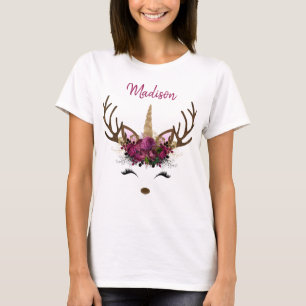 Donkerroze goudmonogram kerstavond unicorn rendier t-shirt