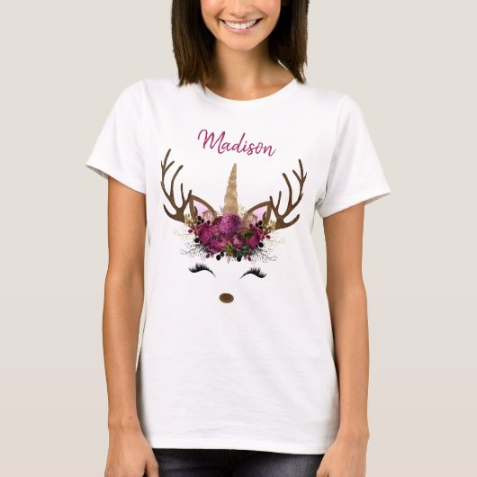 Donkerroze goudmonogram kerstavond unicorn rendier t-shirt (Voorkant)