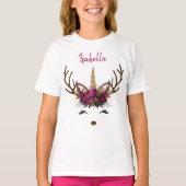 Donkerroze goudmonogram kerstavond unicorn rendier t-shirt (Voorkant)