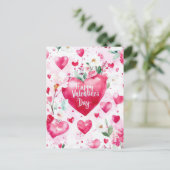 Donkerroze Harten en Bloemen Valentijnse Groet Briefkaart (Staand voorkant)