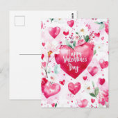 Donkerroze Harten en Bloemen Valentijnse Groet Briefkaart (Voorkant / Achterkant)