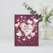 Donkerroze Harten en rozen Valentijns's Groet Briefkaart (Staand voorkant)