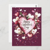 Donkerroze Harten en rozen Valentijns's Groet Briefkaart (Voorkant / Achterkant)