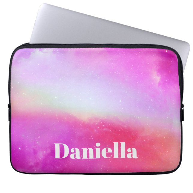 Donkerroze holografische hemel met aangepaste naam laptop sleeve (Voorkant)