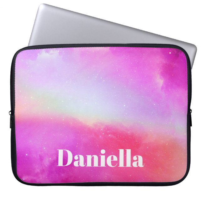 Donkerroze holografische hemel met aangepaste naam laptop sleeve (Voorkant)