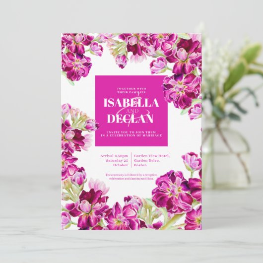 Donkerroze lijst waterverf bruiloft kaart (Staand voorkant)