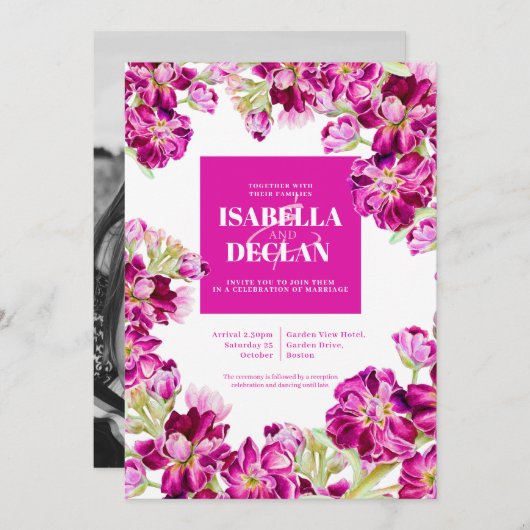 Donkerroze lijst waterverf bruiloft kaart (Voorkant / Achterkant)