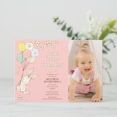 Donkerroze madeliefjes ballonnen sommige konijn 1e kaart (Staand voorkant)