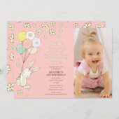 Donkerroze madeliefjes ballonnen sommige konijn 1e kaart (Voorkant / Achterkant)