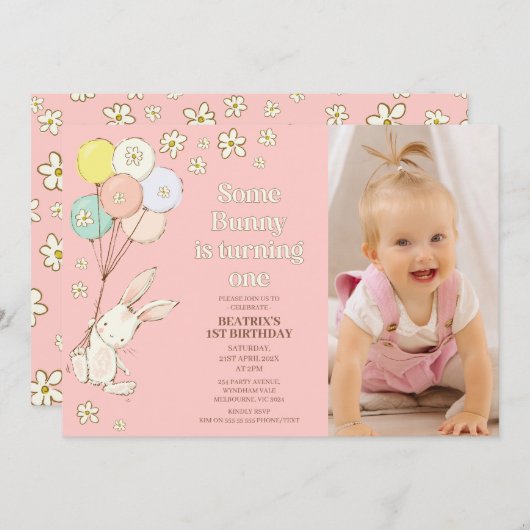 Donkerroze madeliefjes ballonnen sommige konijn 1e kaart (Voorkant / Achterkant)