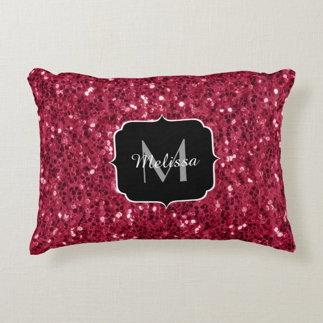 Donkerroze magenta faux sparkles Monogram Accent Kussen (Voorkant)