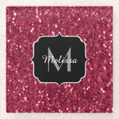Donkerroze magenta faux sparkles Monogram Glazen Onderzetter (Voorkant)