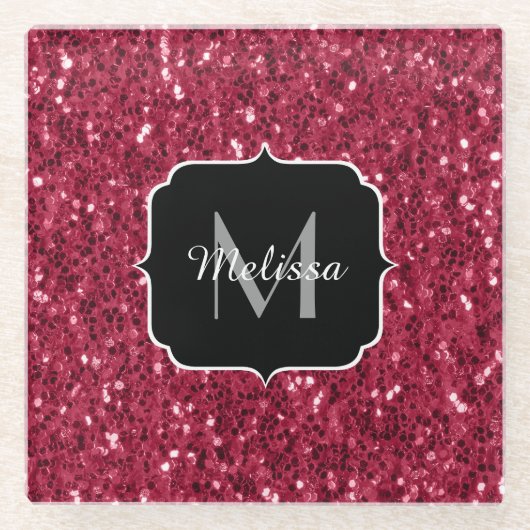 Donkerroze magenta faux sparkles Monogram Glazen Onderzetter (Voorkant)