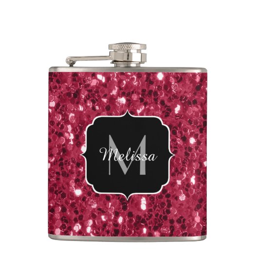 Donkerroze magenta faux sparkles Monogram Heupfles (Voorkant)