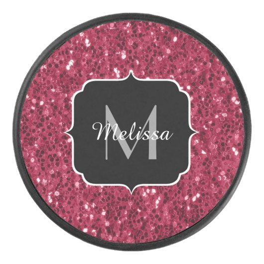Donkerroze magenta faux sparkles Monogram Hockey Puck (Voorkant)