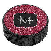 Donkerroze magenta faux sparkles Monogram Hockey Puck (3/4)