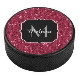 Donkerroze magenta faux sparkles Monogram Hockey Puck