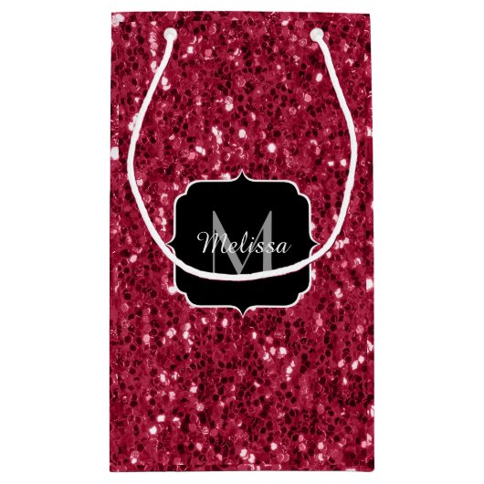 Donkerroze magenta faux sparkles Monogram Klein Cadeauzakje (Achterkant)
