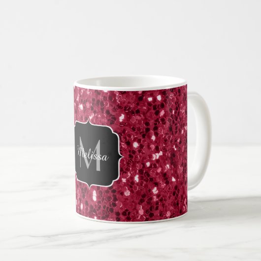 Donkerroze magenta faux sparkles Monogram Koffiemok (Voorkant rechts)