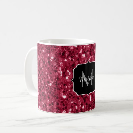 Donkerroze magenta faux sparkles Monogram Koffiemok (Voorkant links)