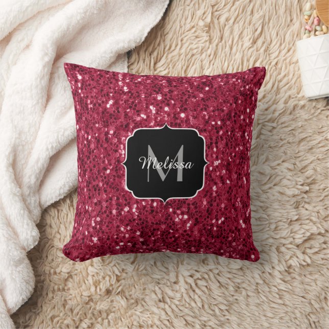 Donkerroze magenta faux sparkles Monogram Kussen (Deken)