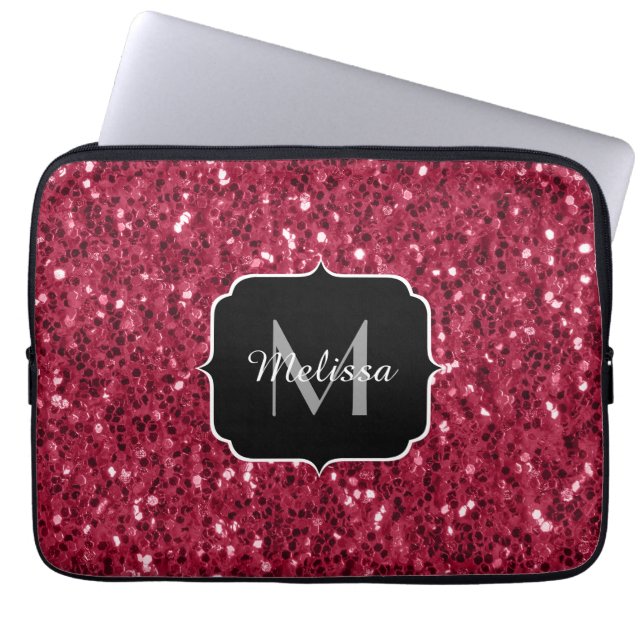 Donkerroze magenta faux sparkles Monogram Laptop Sleeve (Voorkant)