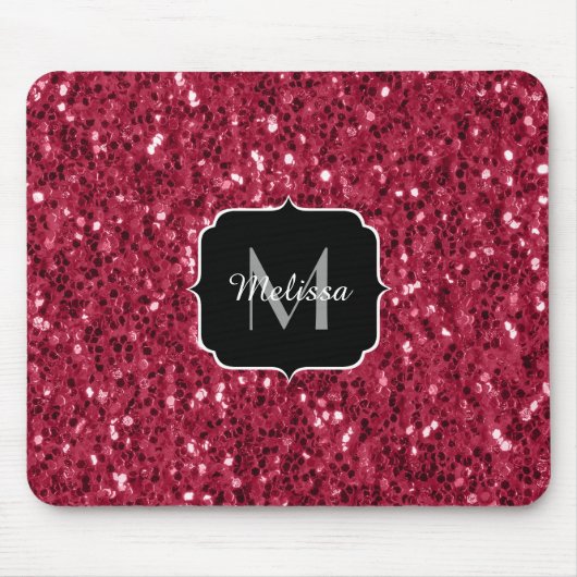 Donkerroze magenta faux sparkles Monogram Muismat (Voorkant)